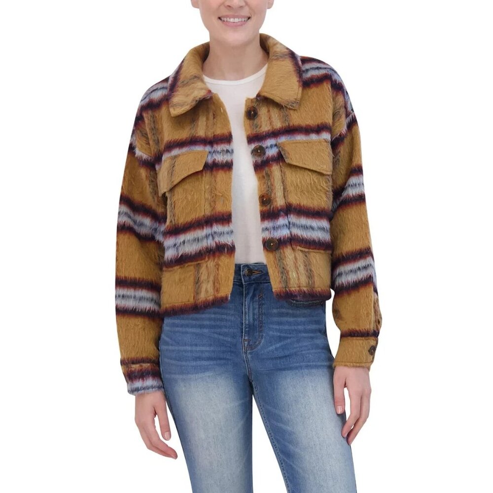 Vigoss Women's Size Large Blushed Plaid Tan Crop Jacket NWT - Picture 1 of 5